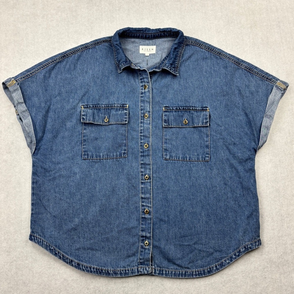 Risen Los Angeles Top Womens L Blue Denim Cuffed Sleeve Pearl Snap Top RDJ9206